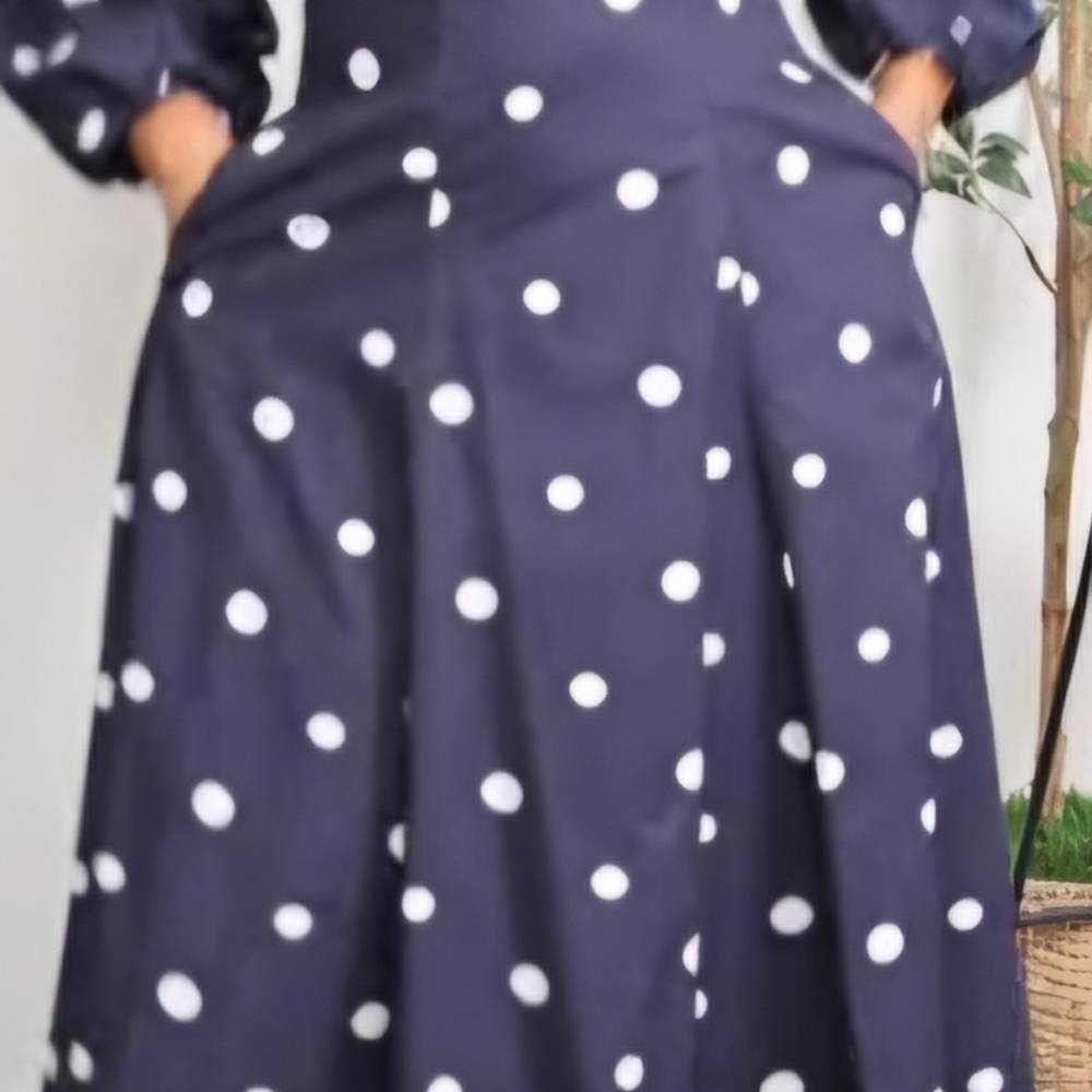 Free Assembly Cotton Polka Dot Maxi Dress Puff Sleeve Navy NWT - Picture 6 of 15